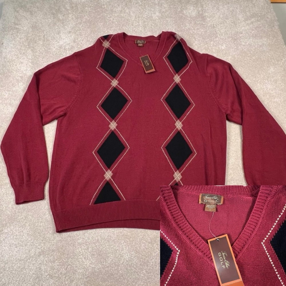 Tasso Elba Golf NWT Argyle 100% cotton Sangria Red V Neck Sweater Men's Large